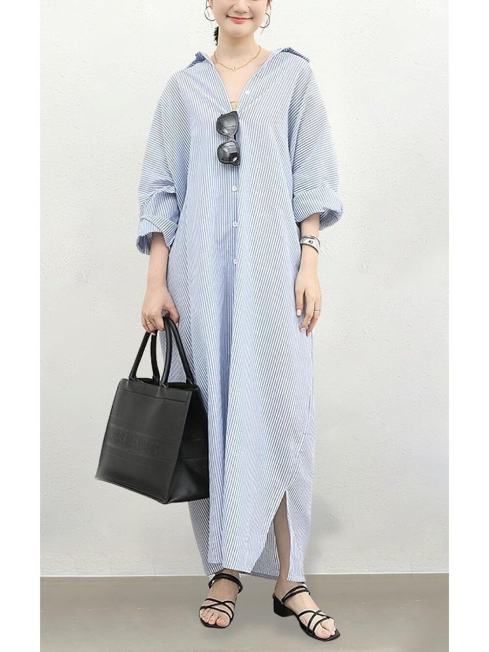 Women's Blue Long Sleeve Button Down Loose Striped Cotton Maxi Shirt Dress - Picture 2 of 5